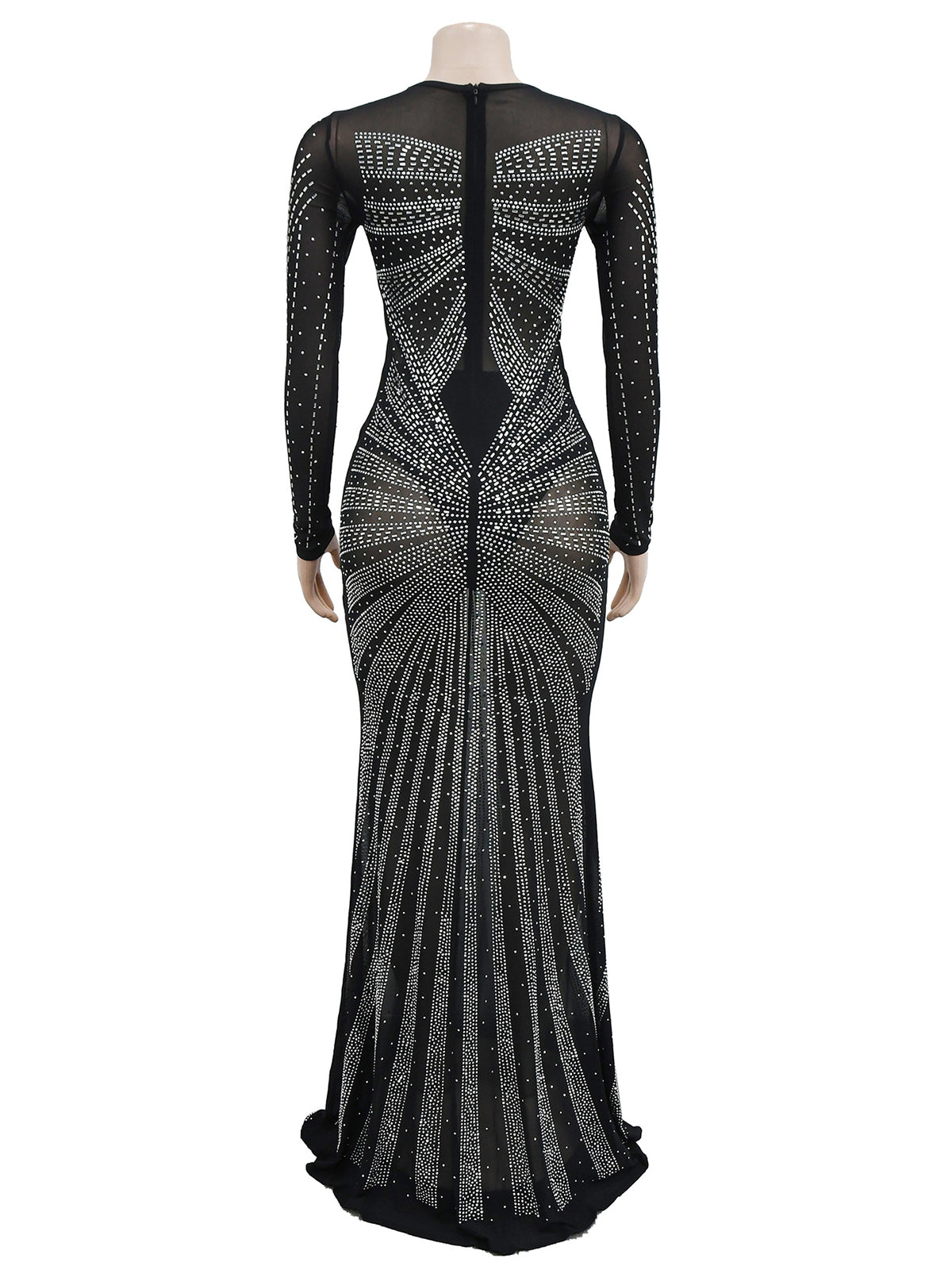 Elegant Sheer Mesh Rhinestone Maxi Dress