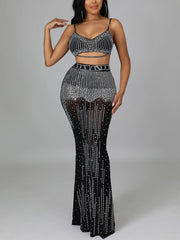 Sexy Spaghetti Strap Mesh Crop Top Maxi Skirt Sets