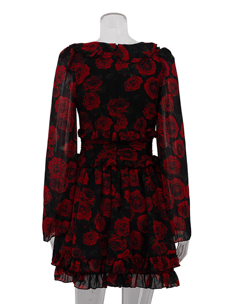 Elegant V-Neck Button High Waist Ruffles Mini Dress