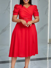 Elegant V-Neck High Waist Pleated Dress