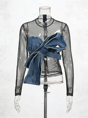 Sexy Denim Bow Patchwork See-through Mesh Top