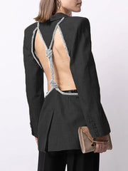 Sparkly Rhinestone Rope Cutout Back Lapel Blazer Coat