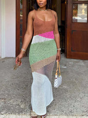Casual Color Block Crochet Knit Maxi Dress