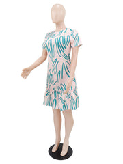 Round Neck Short Sleeve Print Ruffles Casual Midi Dress