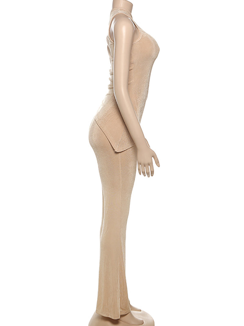 Elegant Sloping Neck Slim Top Flared Pants Sets