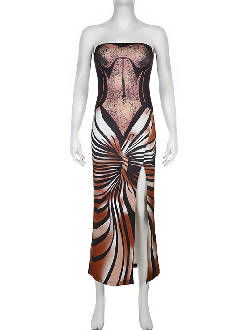 Sexy Strapless Print High Slit Dress