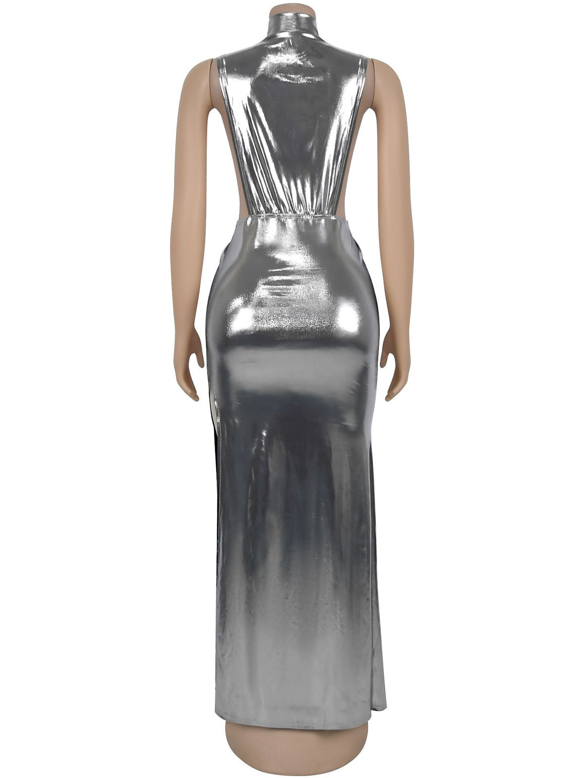 Elegant High-Neck Hollow Out Metal Color Slit Dress