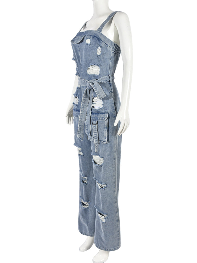 Fashion Bandage Ripped Denim Jumpsuit