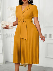 Elegant V Neck Short Sleeve Pleated Midi Dress
