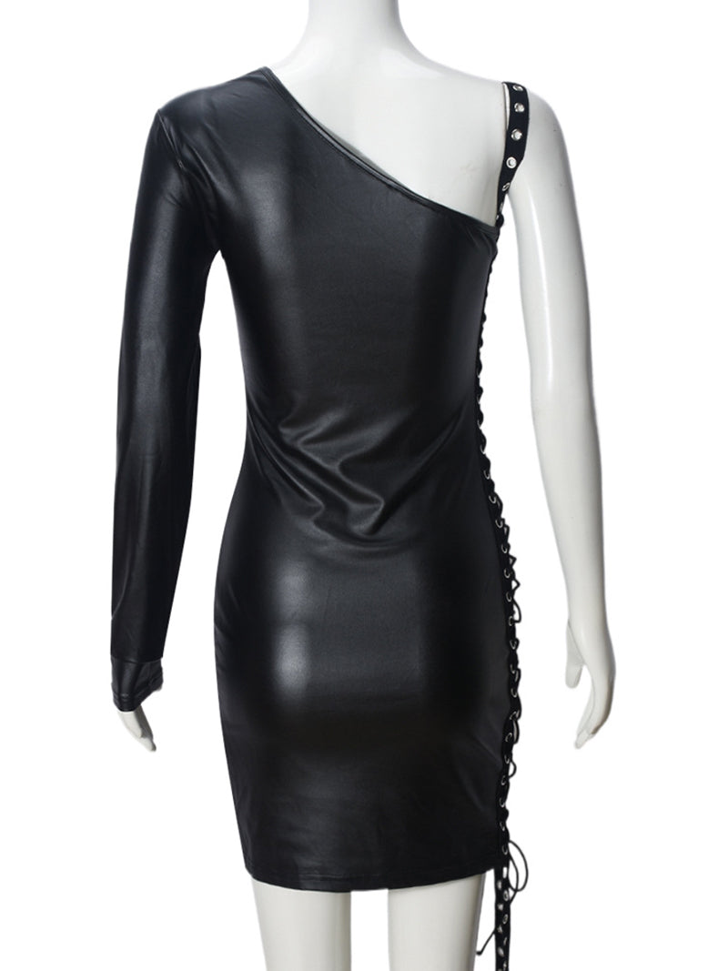 Sexy Faux Leather One Sleeve Micro Mini Dress