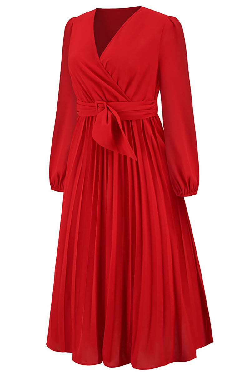 Casual Long Sleeve V-neck Slim Pleated Dress