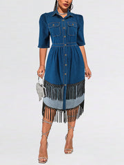 Plus-Size Two-Tone Fringe Lapel Denim Dress