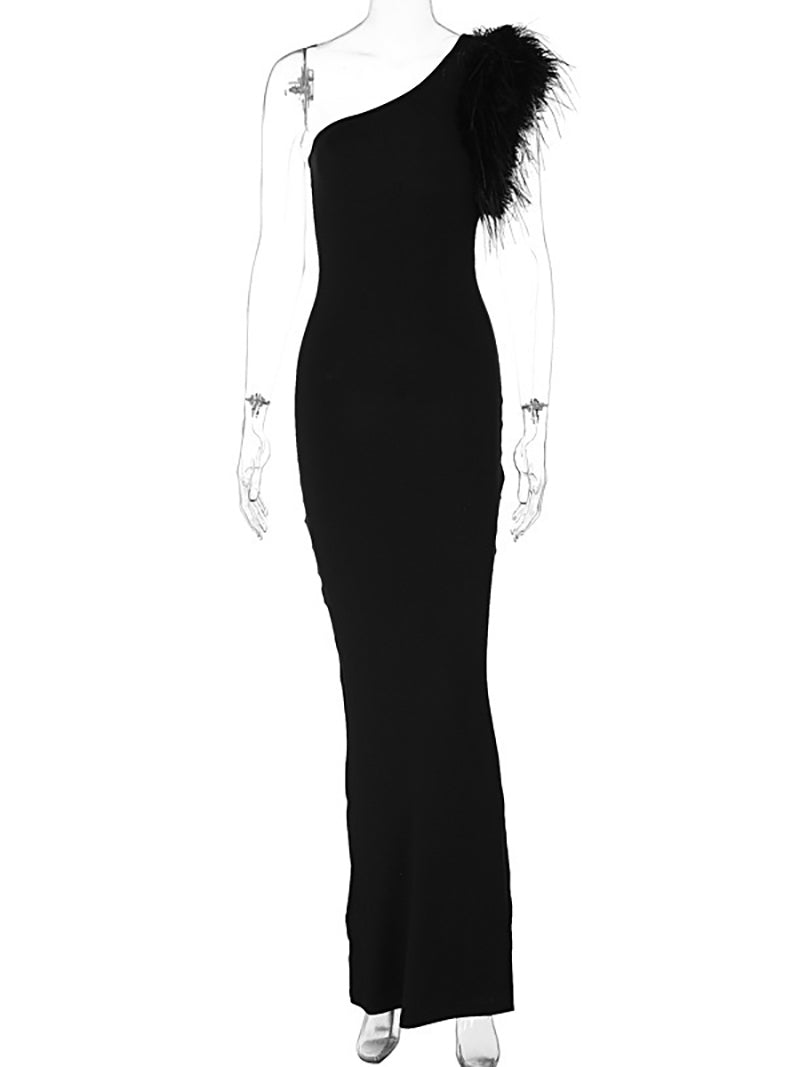 Elegant One Shoulder Feather Slim Maxi Dress