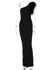 Elegant One Shoulder Feather Slim Maxi Dress