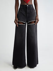 Area Crystal Embellished Cutout Wide Leg Jeans