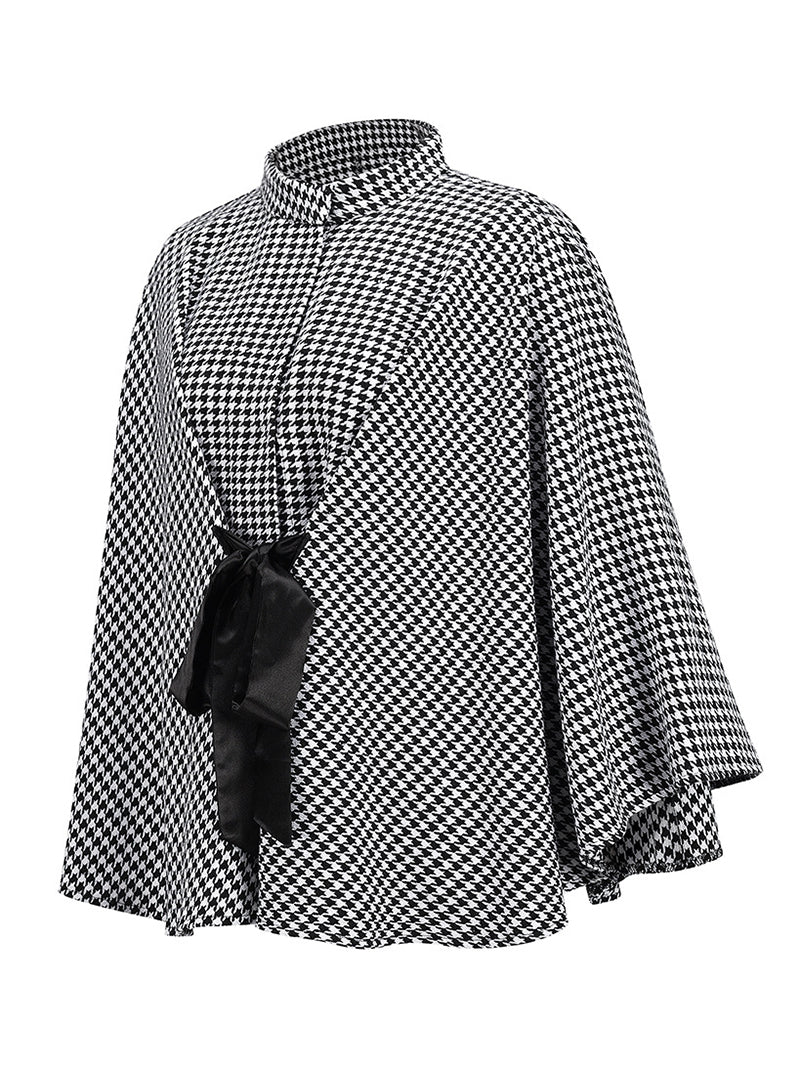 Houndstooth Tie Waist Cloak Trench Coat