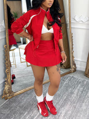 Casual Striped Trim Zipper Drawstring Skort Sports Sets