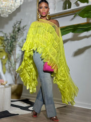 One Shoulder Tiered Ruffle Mesh Cape Top