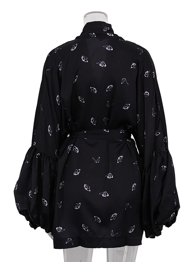 Casual Butterfly Print Bubble Sleeve Lace-up Mini Dress