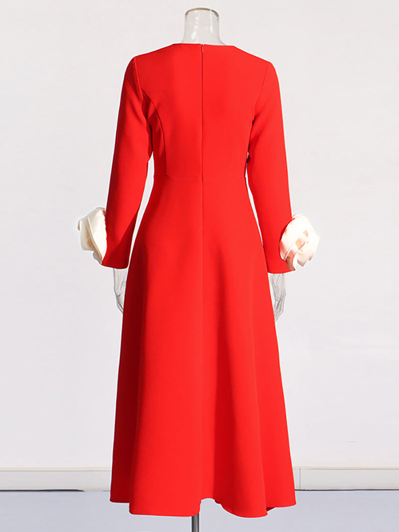 Elegant Round Neck Flower Embellished Maxi Dress