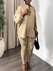 Loose Split Hem Blouse Slim Fit Trousers 2-Piece Set