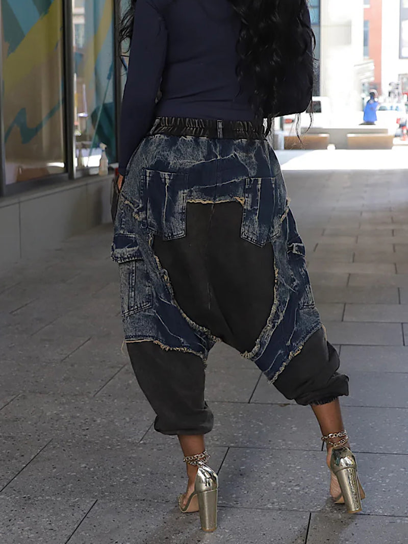 Fashion Casual Denim Patchwork Baggy Joggers