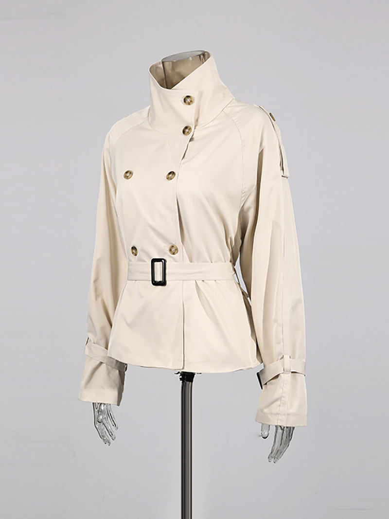 Fashion Double Breasted Belt Jacket Cropped Trench Coat