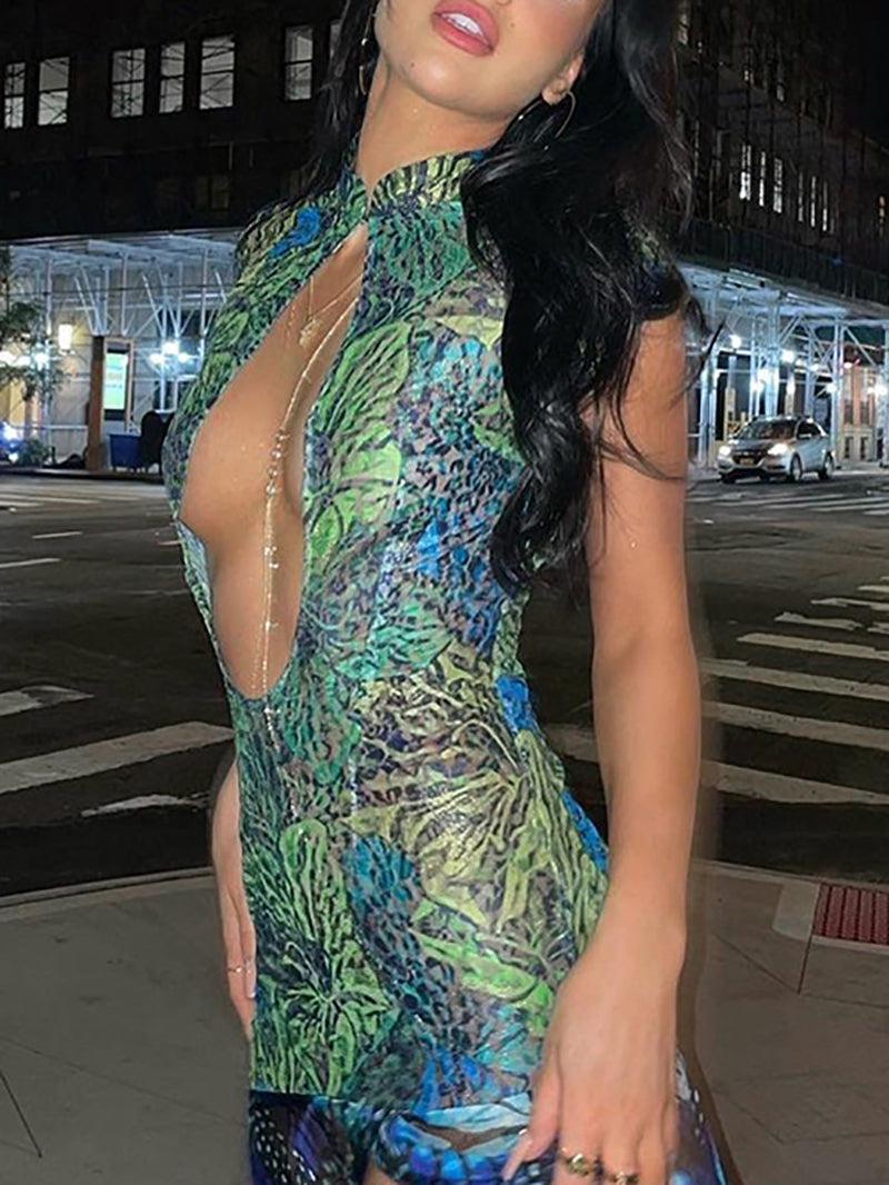 Fashion Print Hollow out High Slit Dress