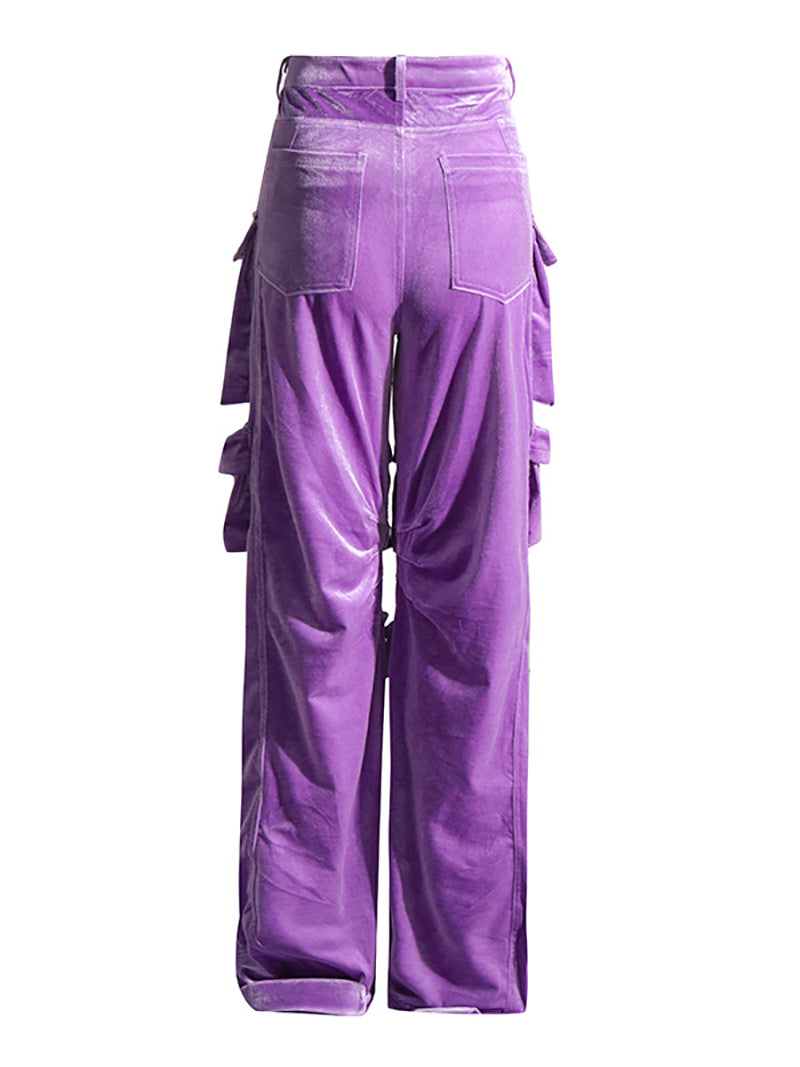 Fashion Velvet Multi Pockets High Waist Cargo Pants