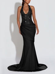 Sexy Halter Backless Patchwork Ruched Sequin Maxi Dress