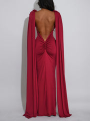 Elegant Pleated Cape Sleeve Evening Gown