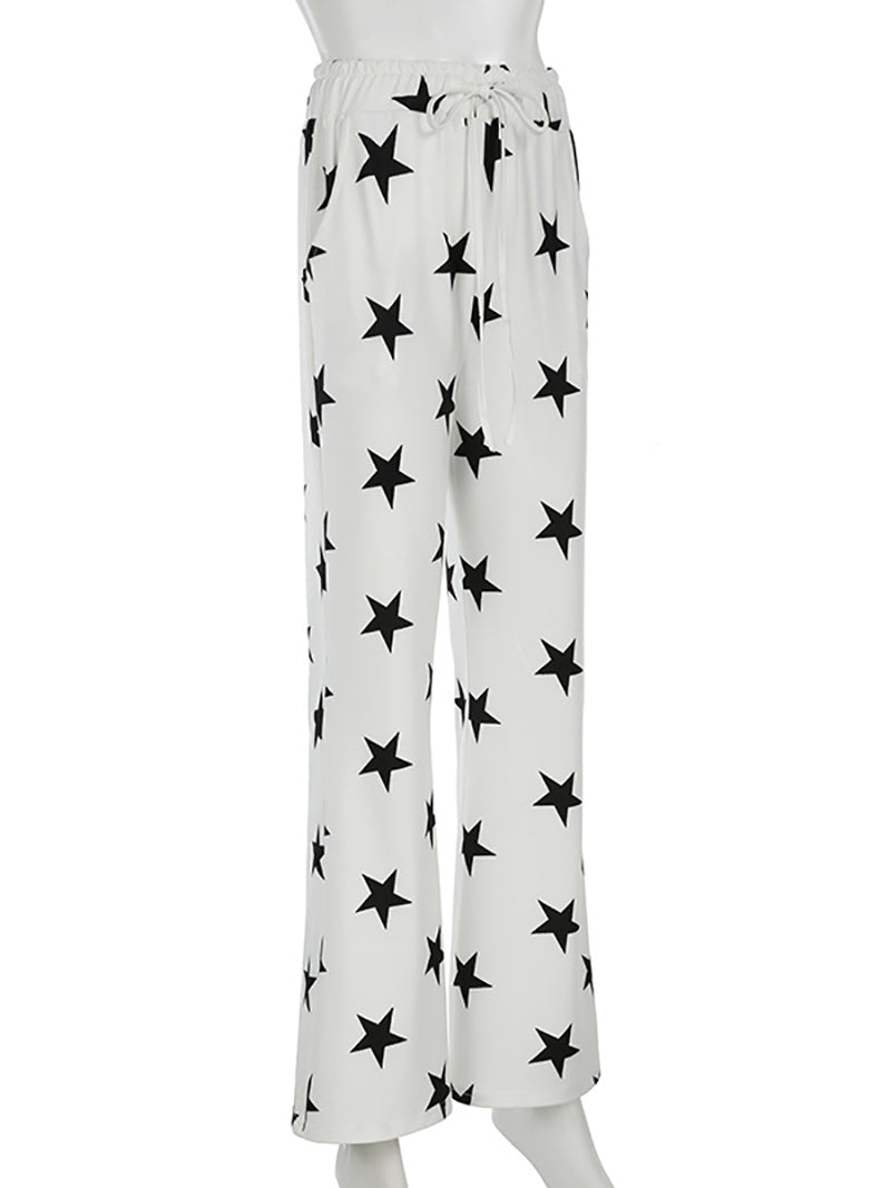 Five-pointed Star Print Loose Lace-Up Pants