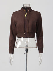 Fashion Stand Collar Zip Up Top Pant Two Piece Set