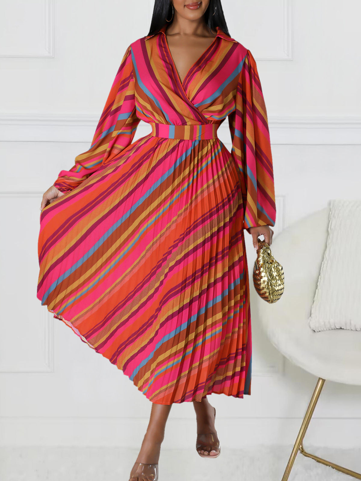 Fashion V Neck Print Pleated Dress