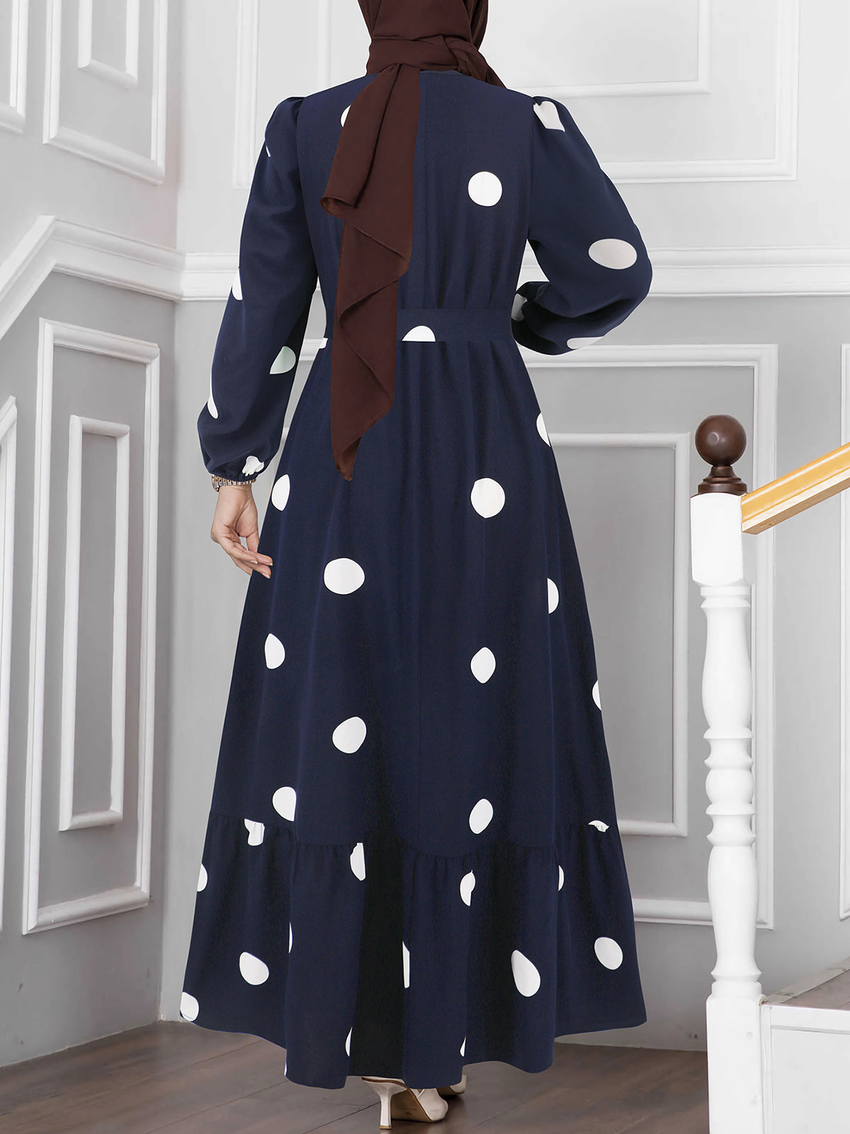 Casual Polka Dot Print Long Sleeve Ruffle Hem Dress