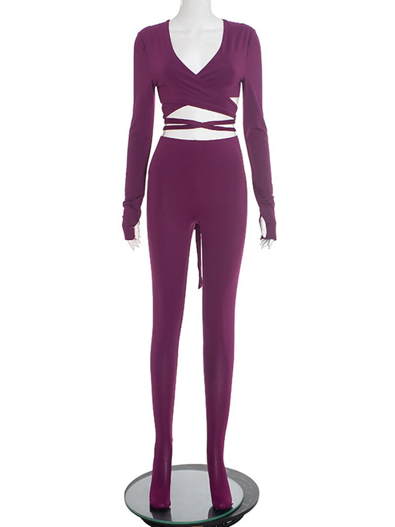 Casual V Neck Hollow Out Bandage Top Skinny Pants Set