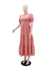 Elegant V Neck Button Cinched Waist Midi Dress