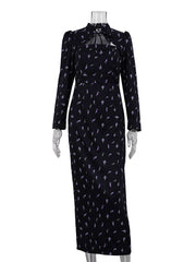Elegant Stand Collar Lace-up Print Slim Maxi Dress