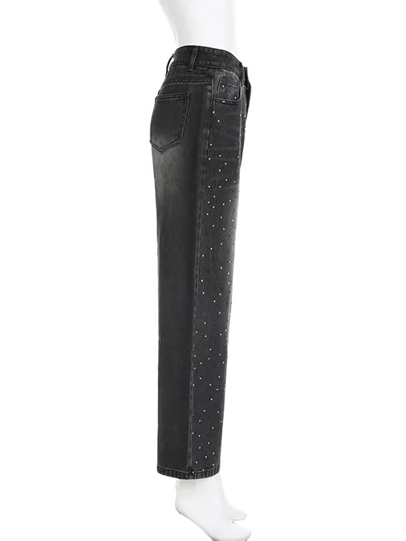 Rhinestone Low Waist Wide Leg Jeans