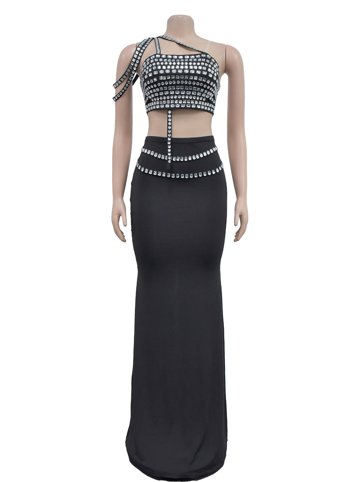 Sexy Single Shoulder Rhinestone Crop Top & Skirts Set