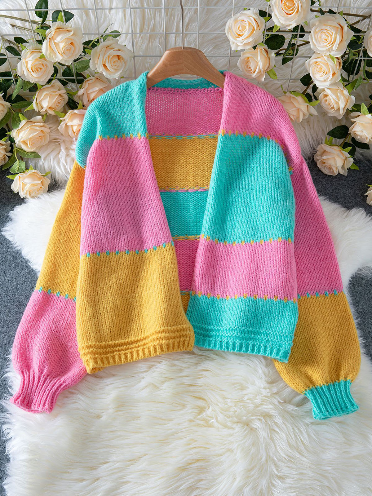 Casual Colorblock Patchwork Knit Cardigan