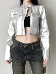 Solid Zip Up Cropped PU Leather Jacket