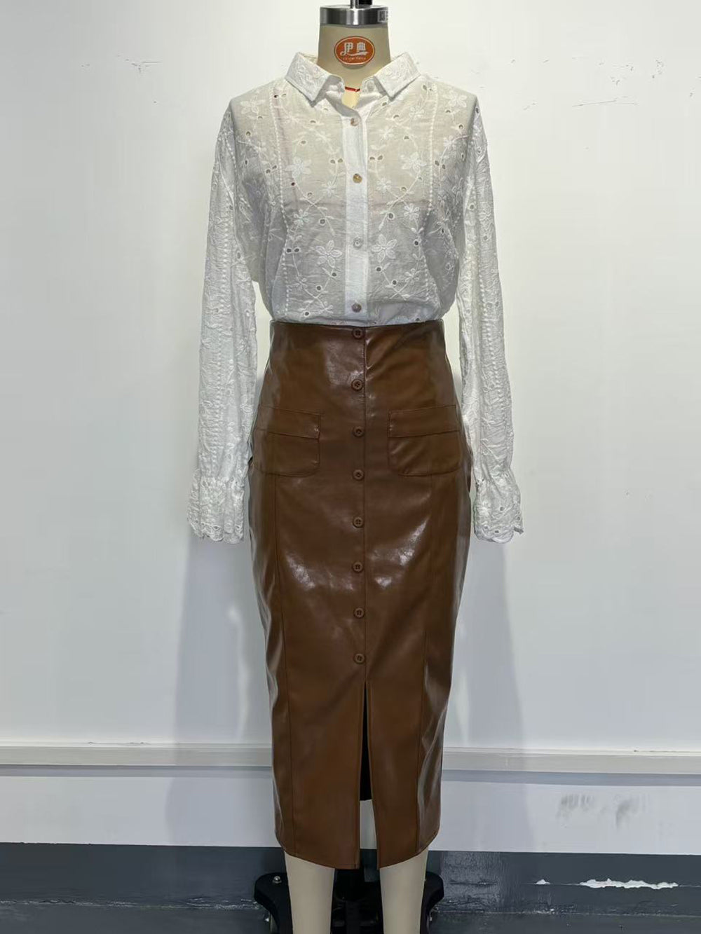 Fashion Faux Leather Button High Waist Midi Skirt