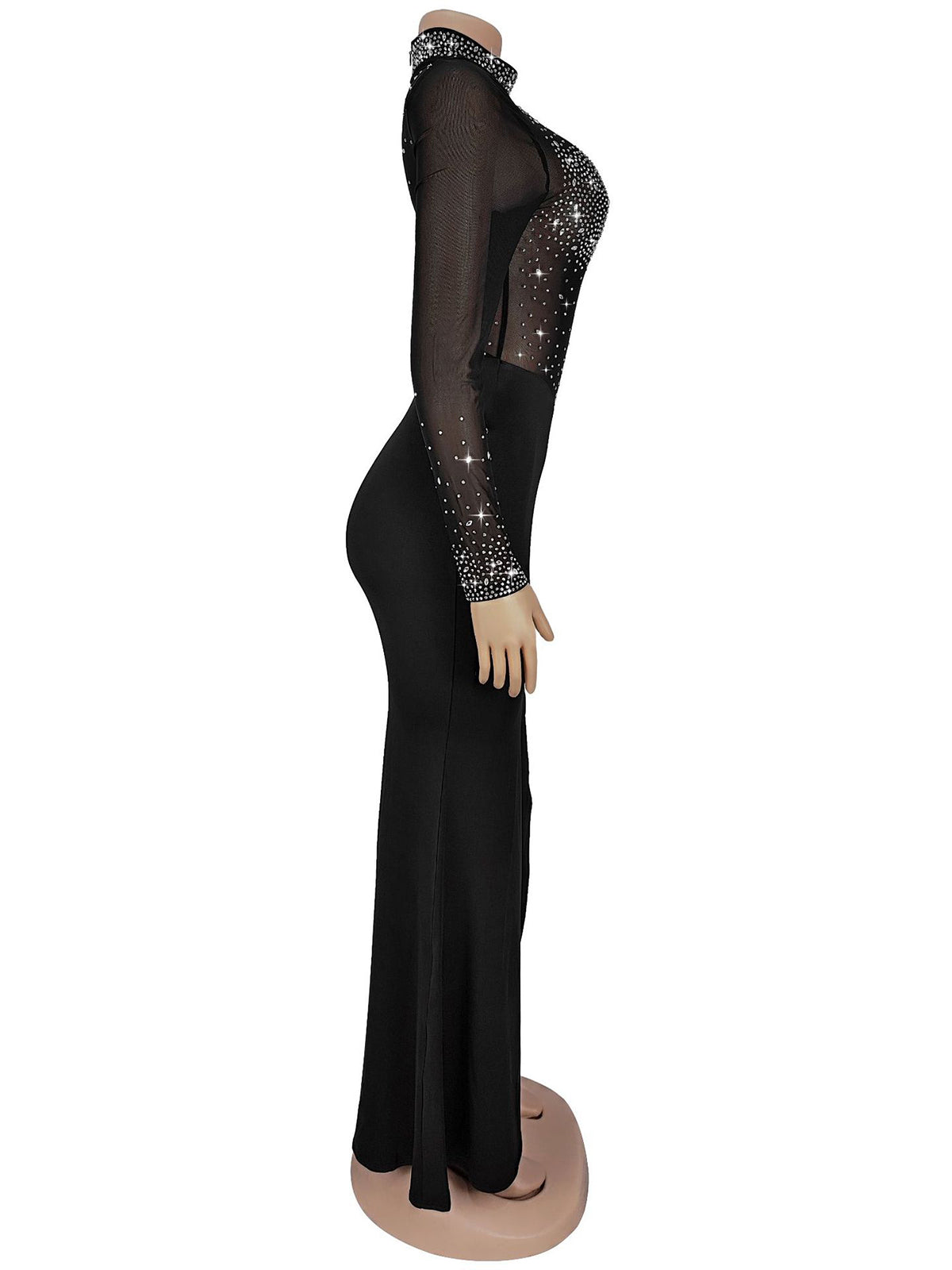 Rhinestone Sheer Mesh Patchwork Split Maxi Dress