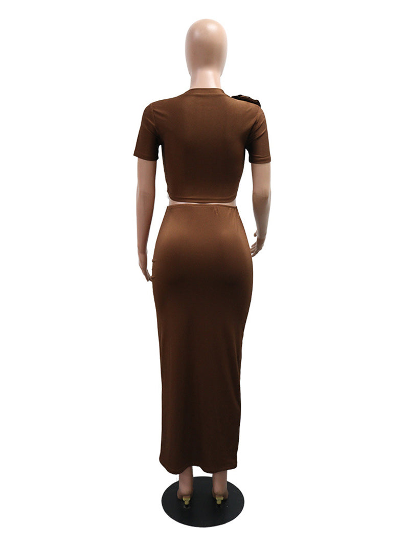 Elegant O-neck Crop Top and Split Long Skirt Slim Set
