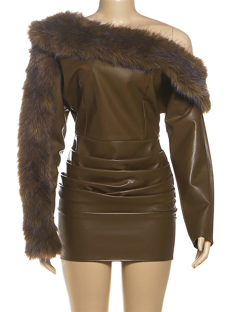 Sexy Faux-Fur Combo Faux-Leather Dress