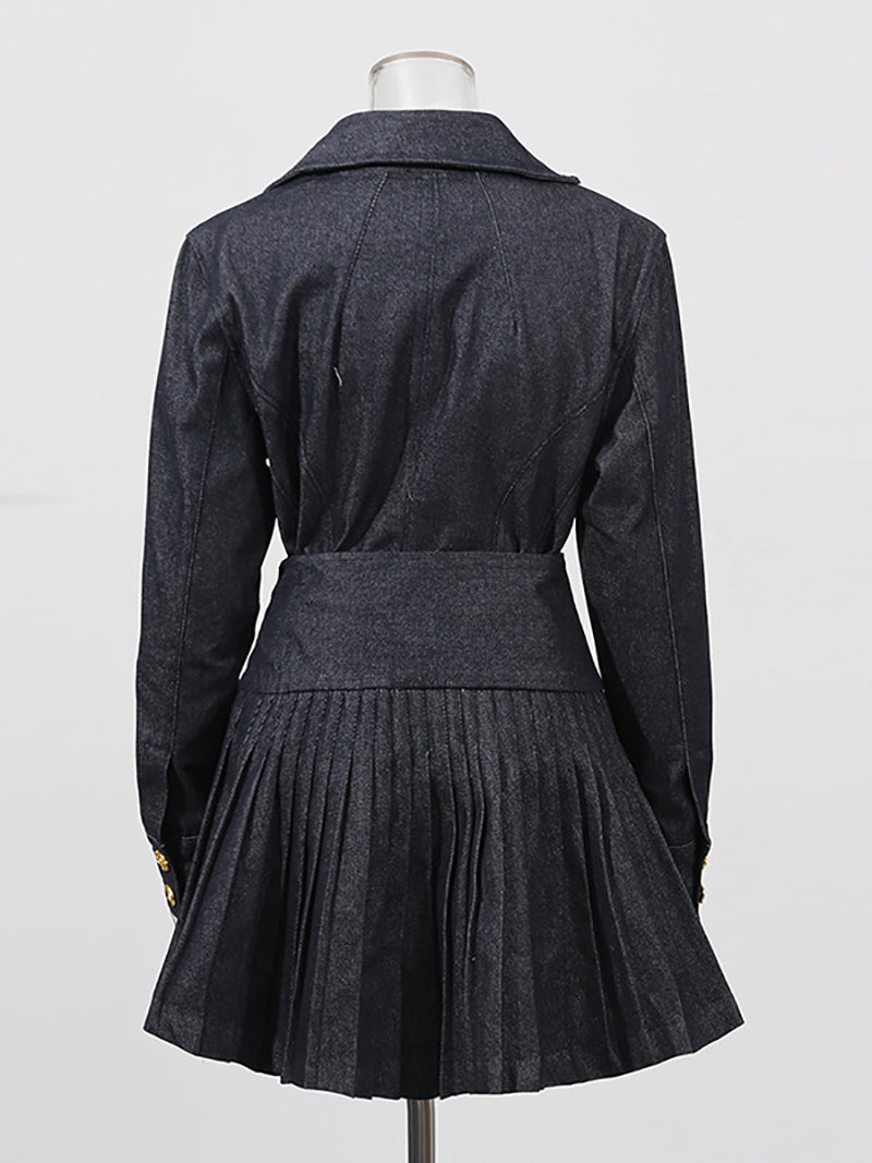 Fashion Denim Jacket Pleated Mini Skirt Set