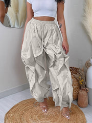 Casual Elastic Waist Drawstring Wave Pleated Pants
