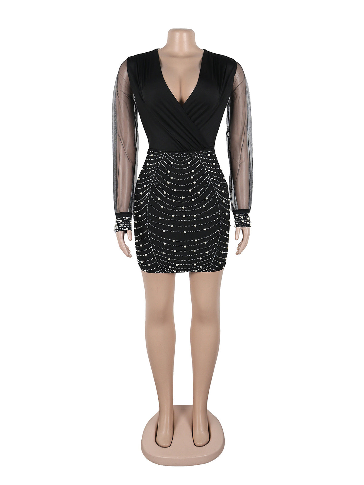 Sexy V-neck Patchwork Mesh Package Hip Dress