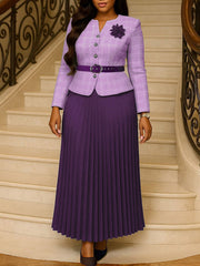 Plaid Print Long Sleeve Top And Pleated Skirt Sets